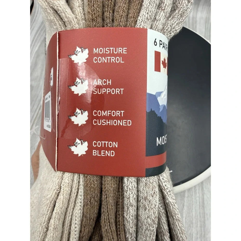 Canada Weather Gear 6-Pair Mens Size 6-12 Brown Moisture Wicking Boot Socks NEW